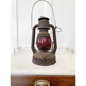 Antique S 1937 Dietz Little Wizard Railroad Lantern NY USA Red Glass Globe Vtg